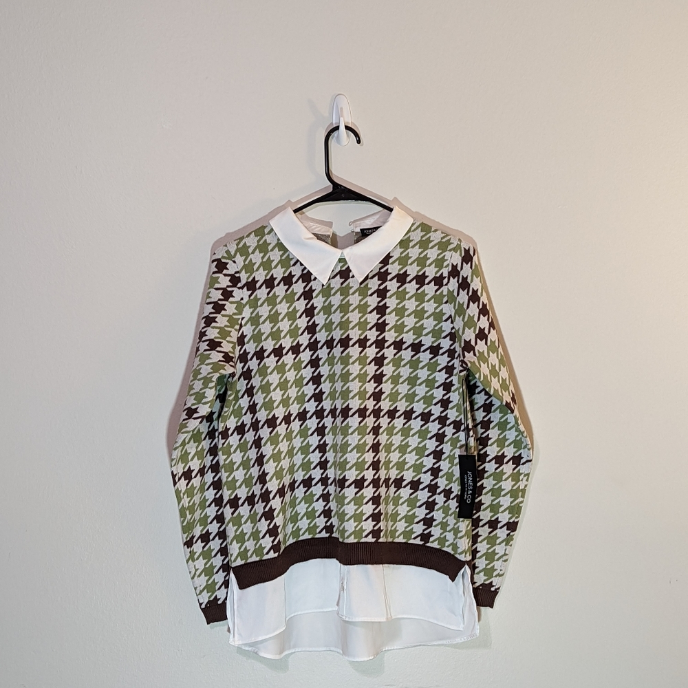 Jones New York Green Houndstooth Sweater with mock blouse (M) New